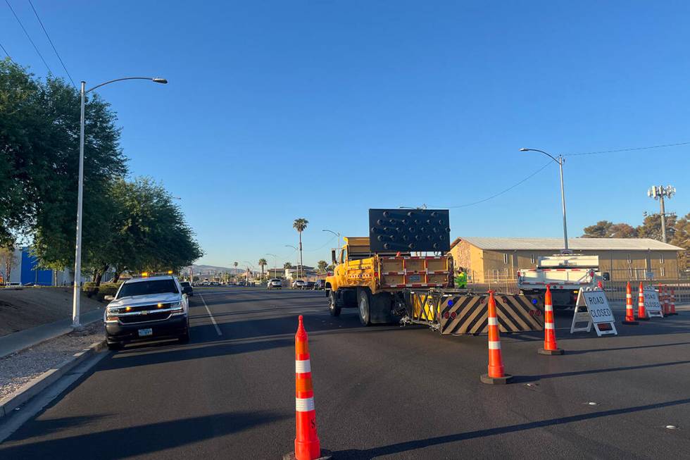 Police investigate a homicide on the 4400 block of South Nellis Boulevard on Wednesday, Aug. 28 ...