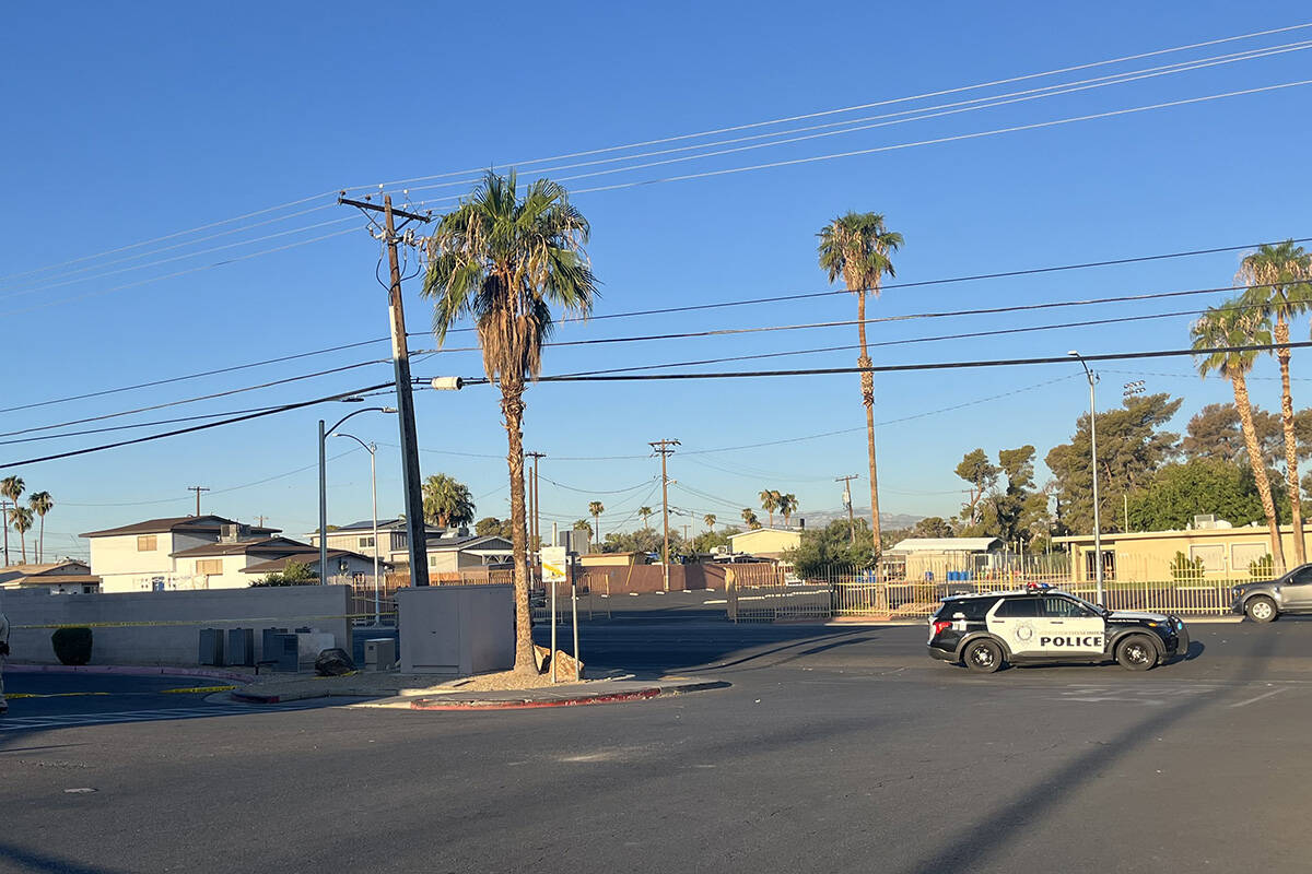 Police investigate a homicide on the 4400 block of South Nellis Boulevard on Wednesday, Aug. 28 ...