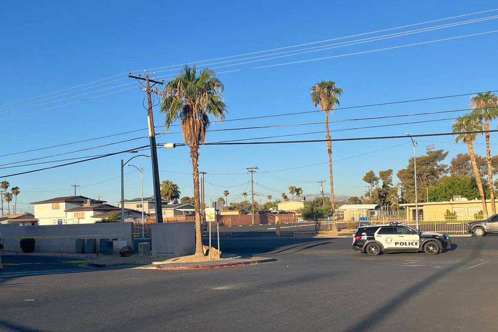 Police investigate a homicide on the 4400 block of South Nellis Boulevard on Wednesday, Aug. 28 ...