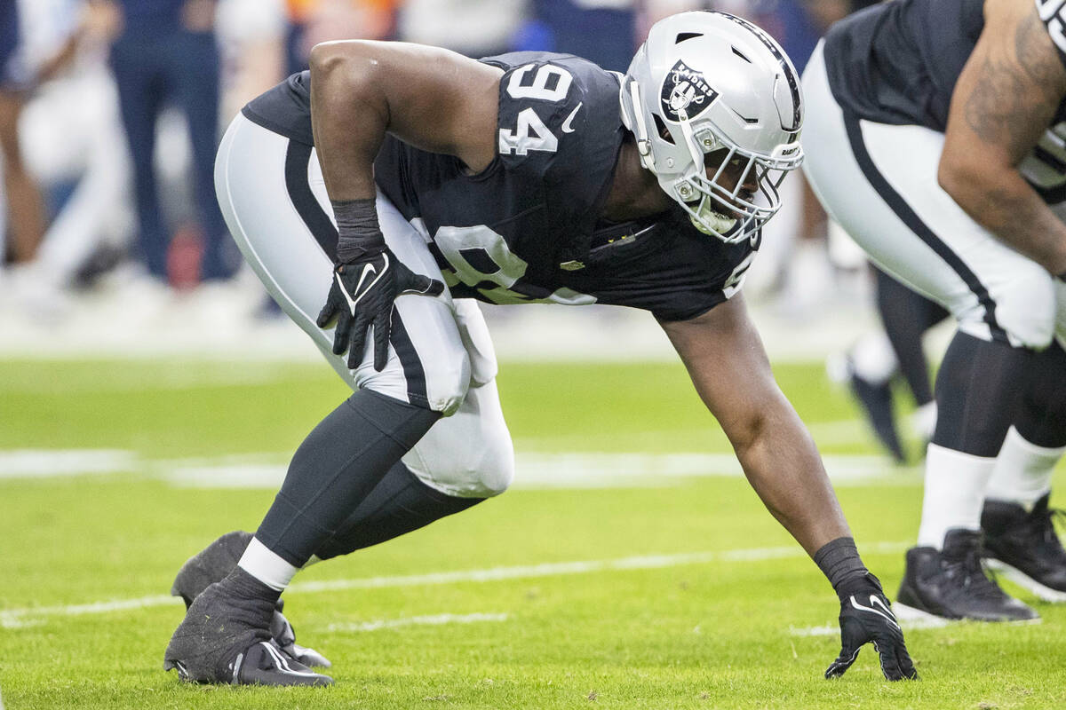 Raiders defensive tackle Matthew Butler (94) sets up on the line of scrimmage during the first ...