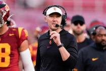 Southern California coach Lincoln Riley watches during the second half of the team's NCAA colle ...