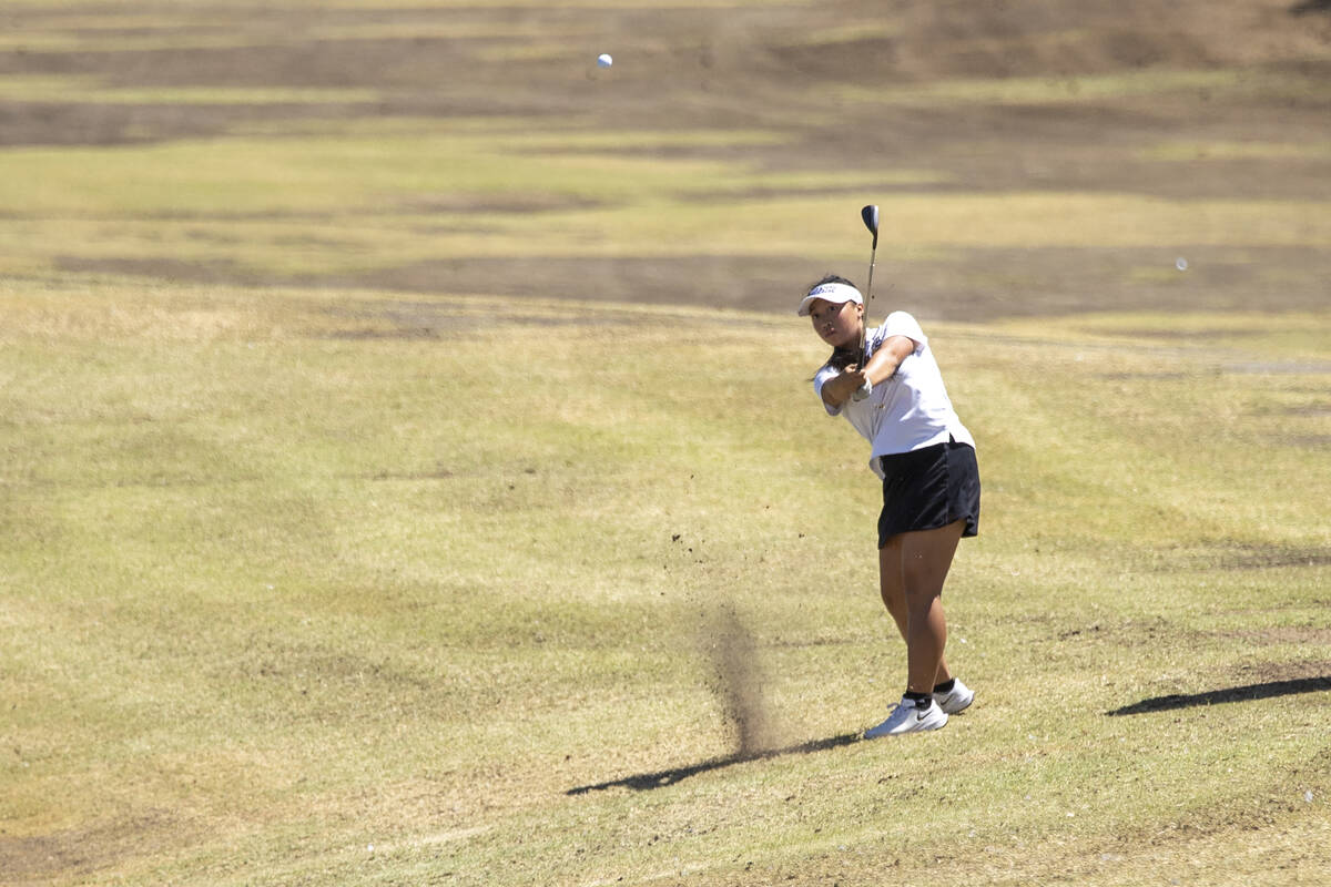 Clark’s Emma Allen competes during the Class 5A Mountain League girls golf match at Ange ...