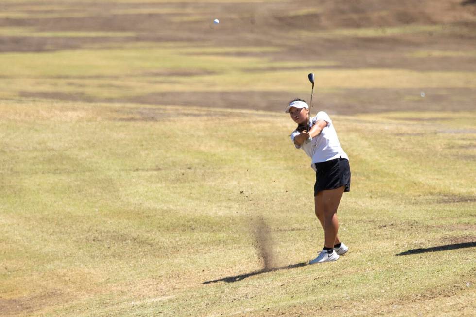 Clark’s Emma Allen competes during the Class 5A Mountain League girls golf match at Ange ...