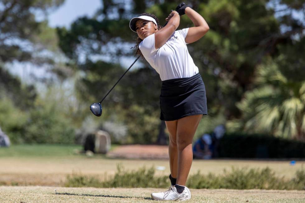 Clark’s Alliah Jordan drives her ball down the fairway during the Class 5A Mountain Leag ...