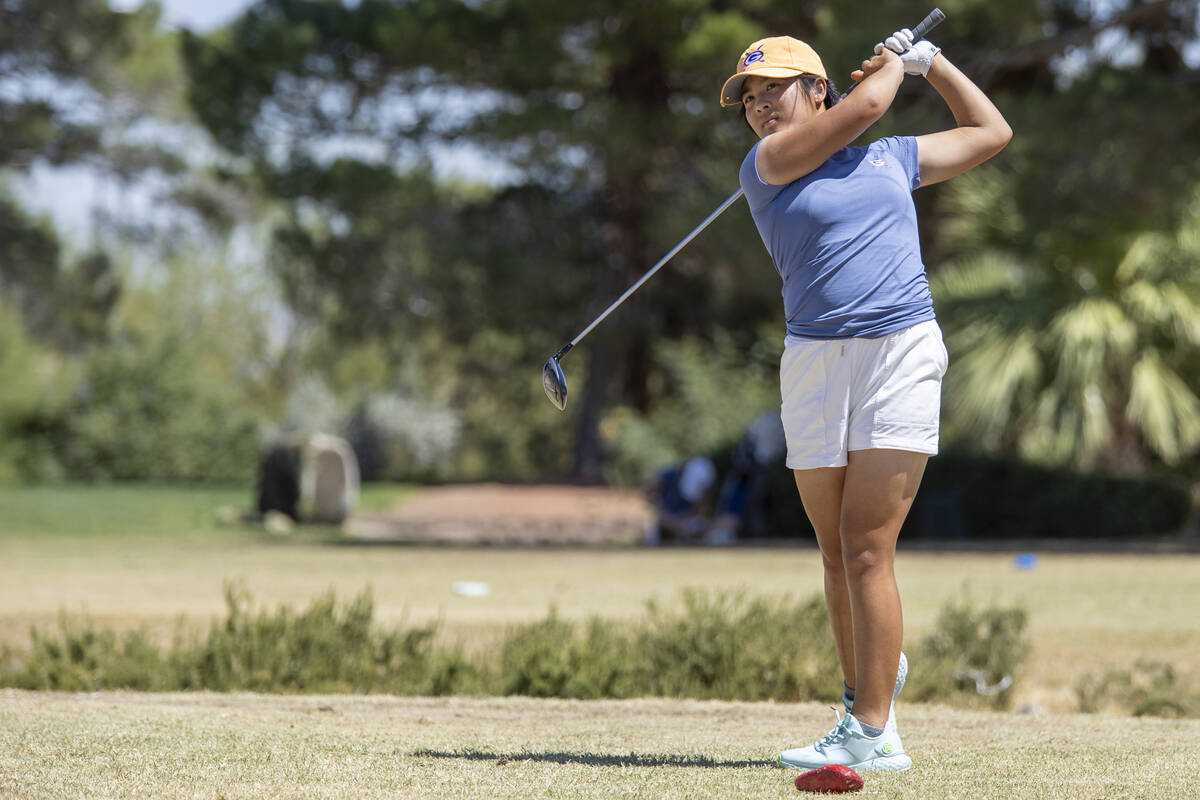 Bishop Gorman’s Amelia Chen drives her ball down the fairway during the Class 5A Mountai ...