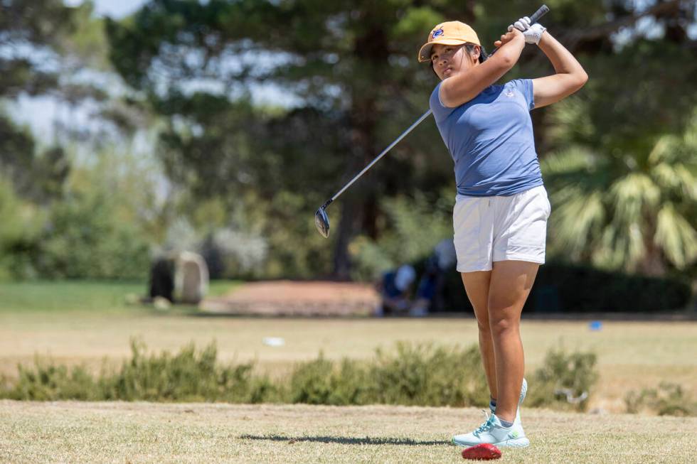 Bishop Gorman’s Amelia Chen drives her ball down the fairway during the Class 5A Mountai ...