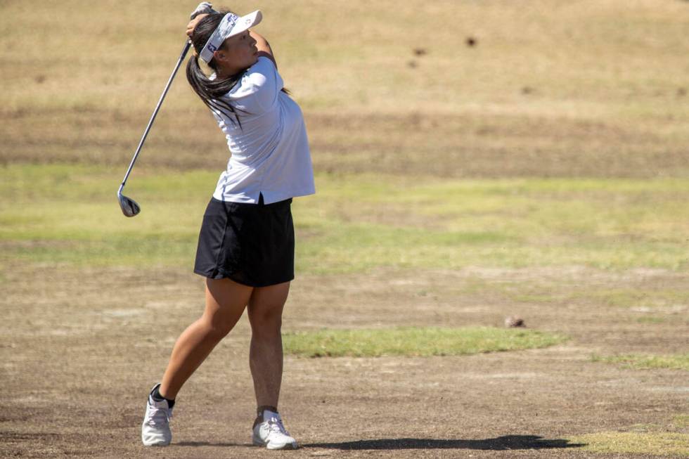 Clark’s Emma Allen competes during the Class 5A Mountain League girls golf match at Ange ...