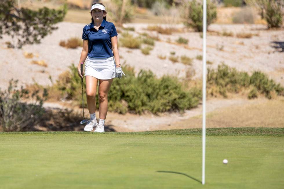 Shadow Ridge’s Peyton Price watches her putt roll away from the hole during the Class 5A ...