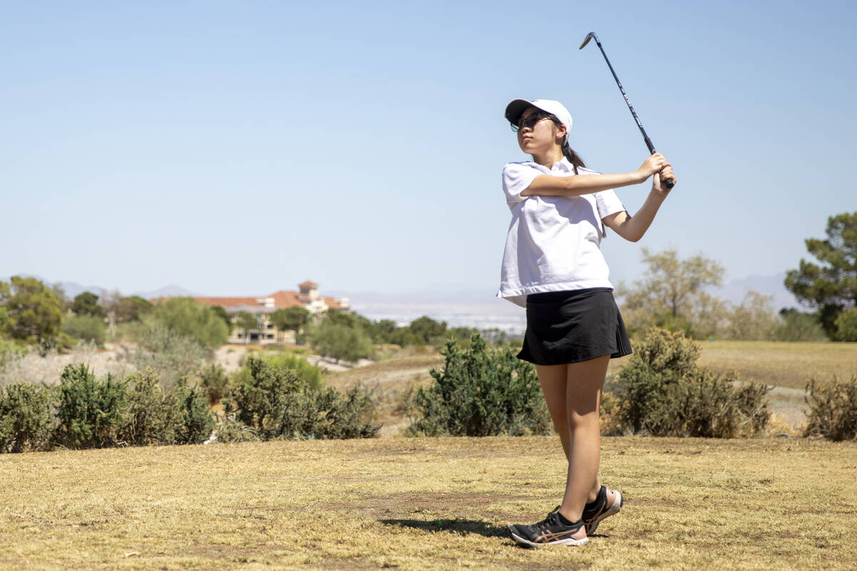 Clark’s Audrey Lac competes during the Class 5A Mountain League girls golf match at Ange ...