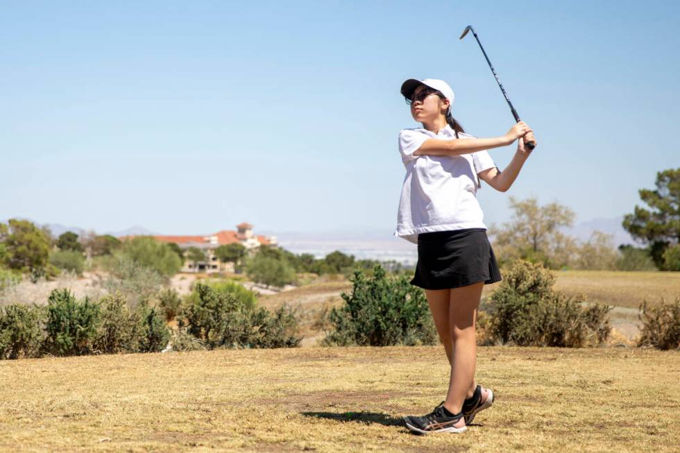 Clark’s Audrey Lac competes during the Class 5A Mountain League girls golf match at Ange ...