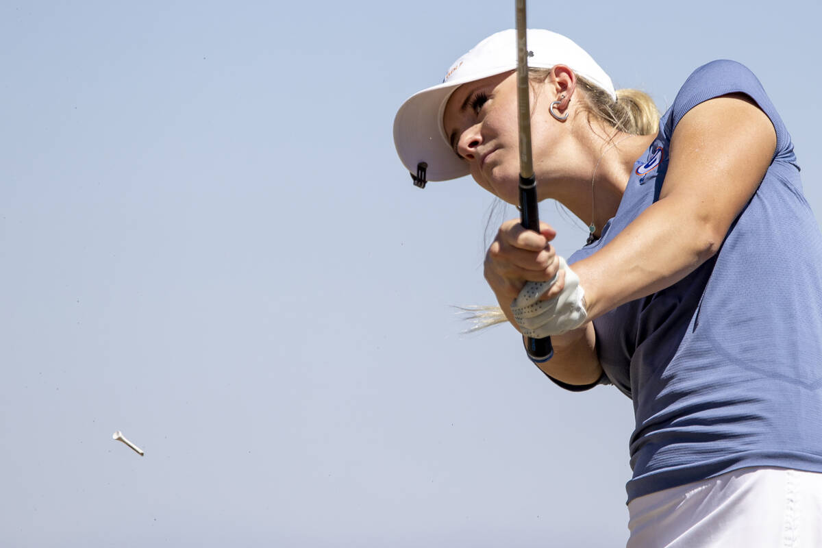 Bishop Gorman’s Moriah Wayman drives her ball down the fairway during the Class 5A Mount ...