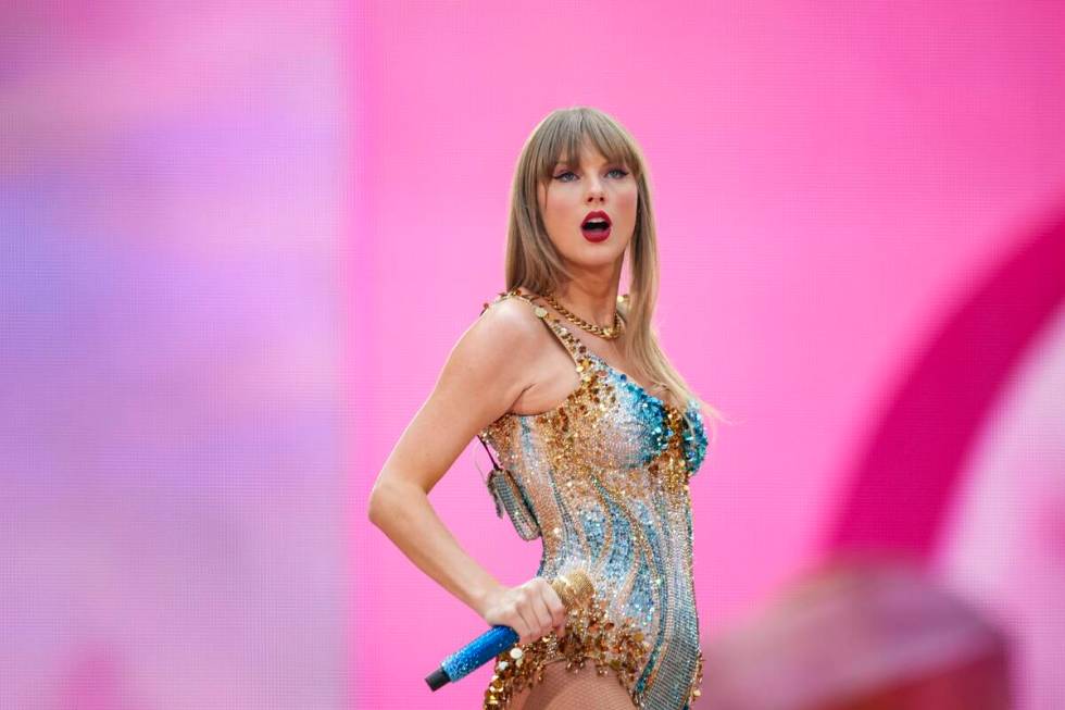 FILE - Taylor Swift performs at Wembley Stadium as part of her Eras Tour, June 21, 2024, in Lon ...