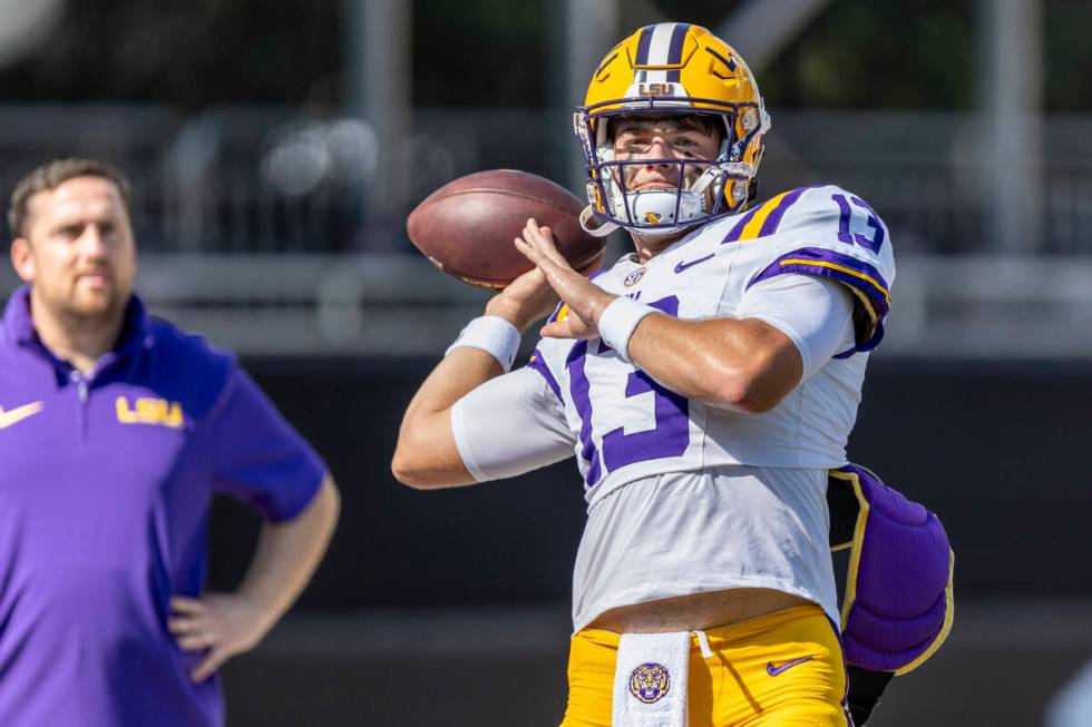 FILE - LSU quarterback Garrett Nussmeier (13) during an NCAA football game, Sept. 16, 2023, in ...