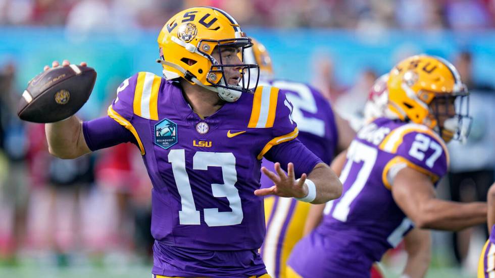 FILE - LSU quarterback Garrett Nussmeier throws a pass against Wisconsin during the first half ...