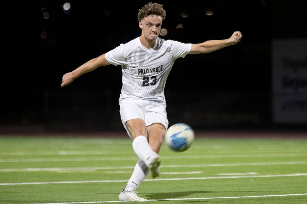 Palo Verde senior Benjamin Legrand (23) moves the ball down the field during the high school so ...