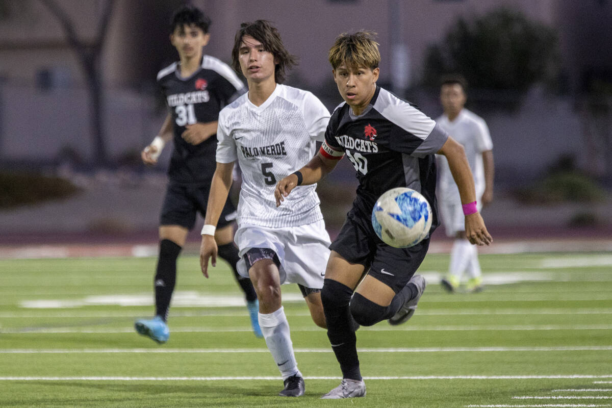 Las Vegas High’s Anthony Cardenas (30) runs after the ball during the high school soccer ...