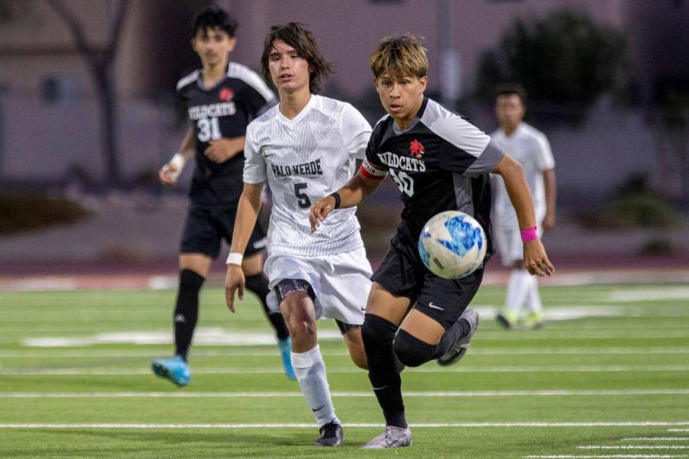 Las Vegas High’s Anthony Cardenas (30) runs after the ball during the high school soccer ...