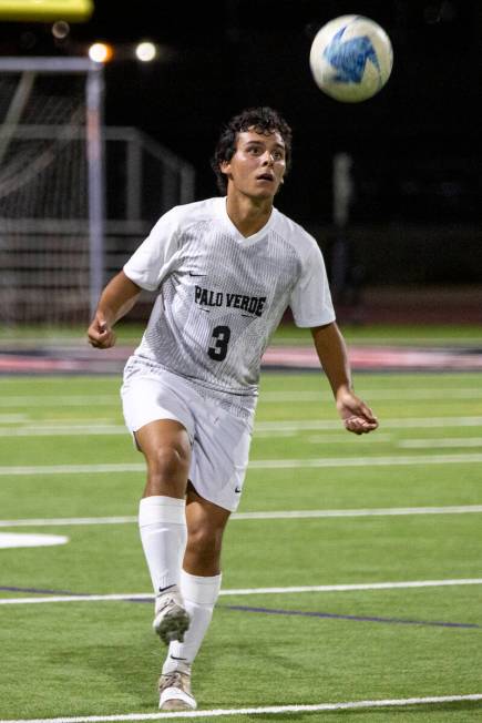 Palo Verde senior Noah Colindres (3) receives the ball during the high school soccer game again ...