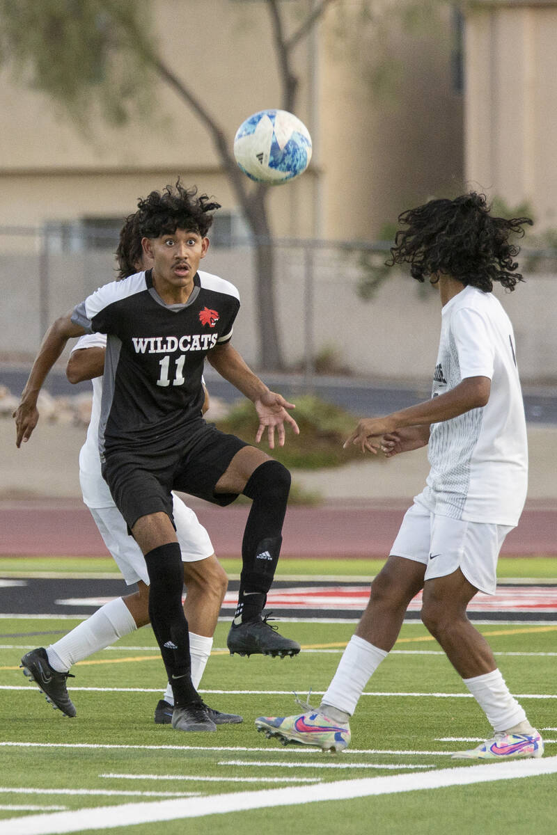 Las Vegas High senior Gabriel Zetino (11) receives the ball during the high school soccer game ...