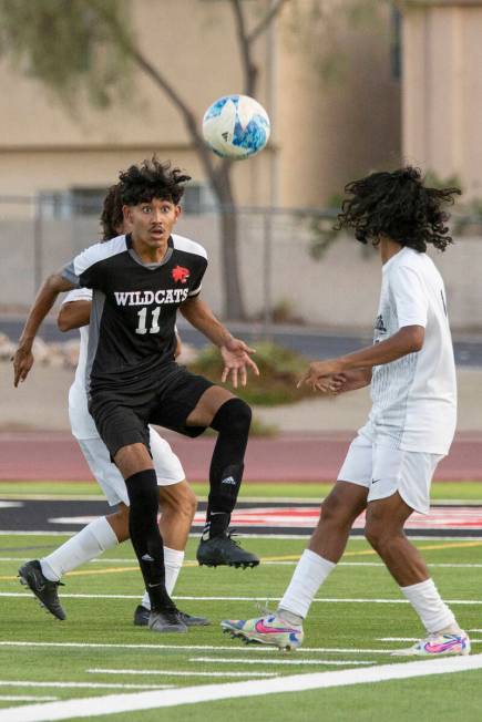 Las Vegas High senior Gabriel Zetino (11) receives the ball during the high school soccer game ...