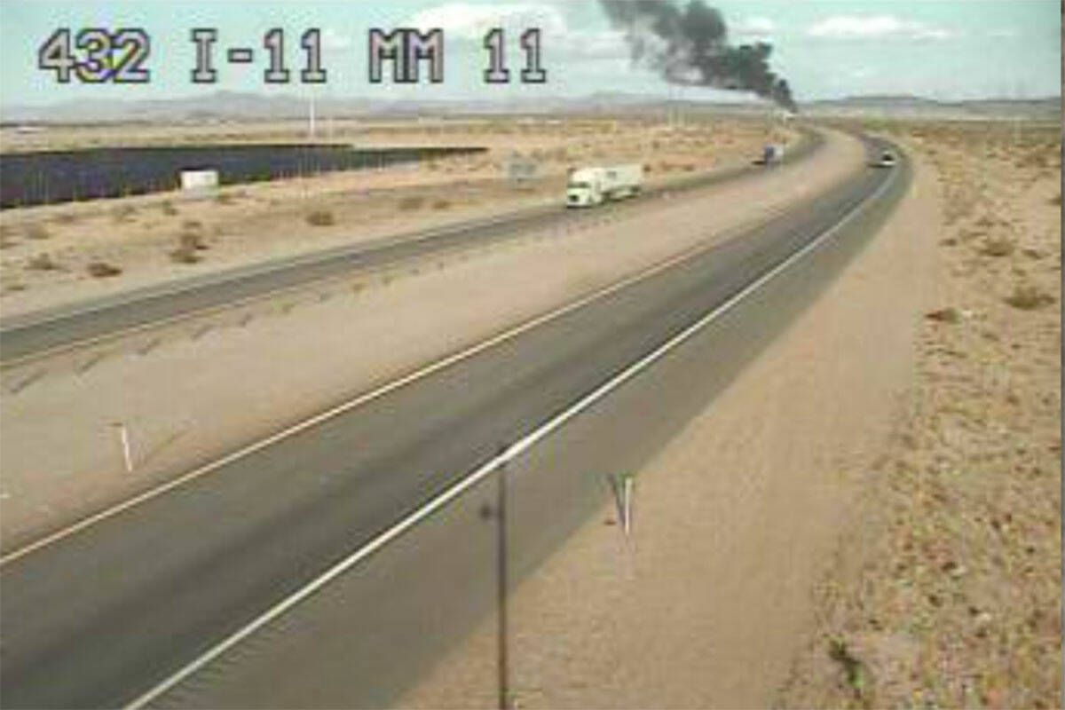 A power transformer was burning near Interstate 11 on Thursday, Aug. 29, 2024, in Boulder City. ...