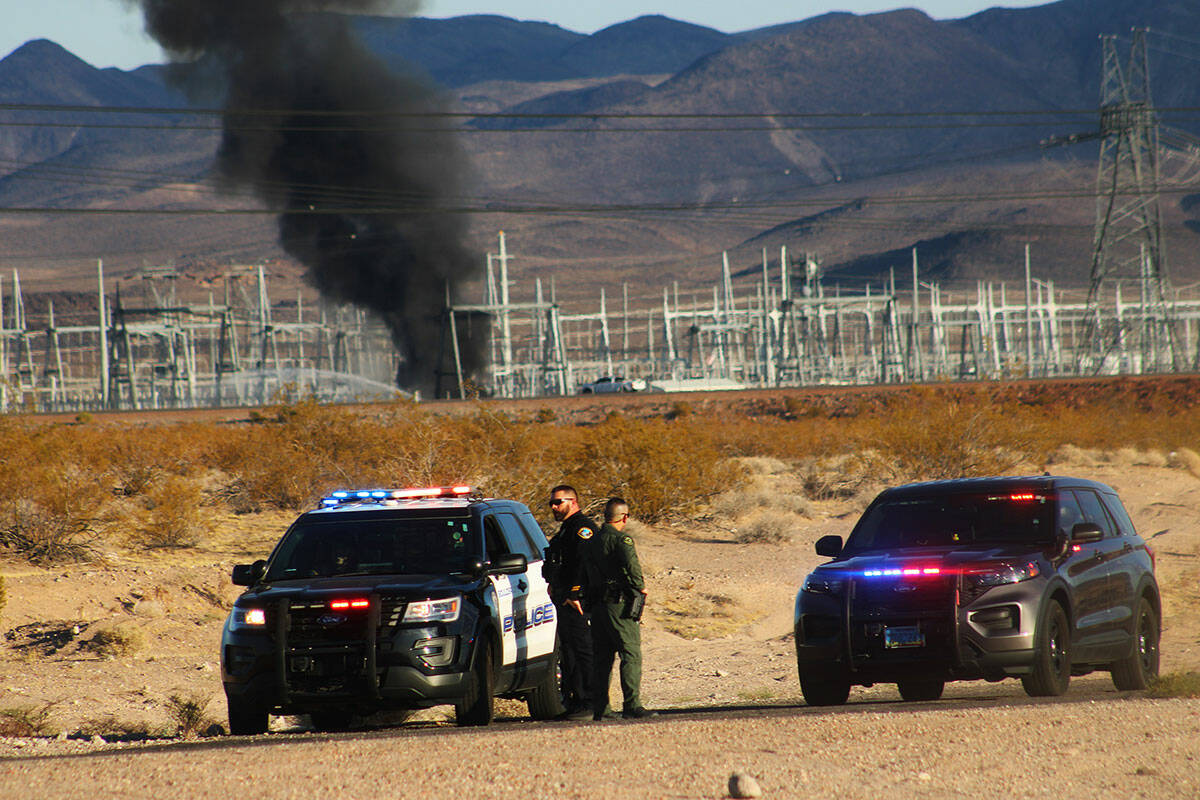 A transformer burns near Interstate 11 on Thursday, Aug. 29, 2024, in Boulder City. (Ron Eland/ ...