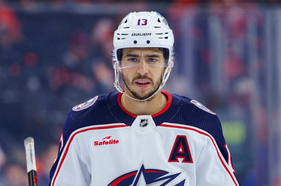 Columbus Blue Jackets' Johnny Gaudreau looks on during an NHL hockey game against the Philadelp ...