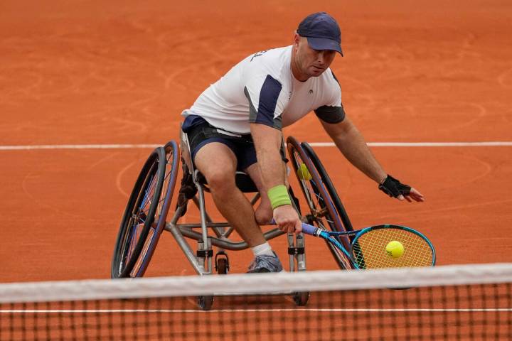 Israel's Adam Berdichevsky returns the ball to Italy's Luca Arca during their 2024 Paralympics ...