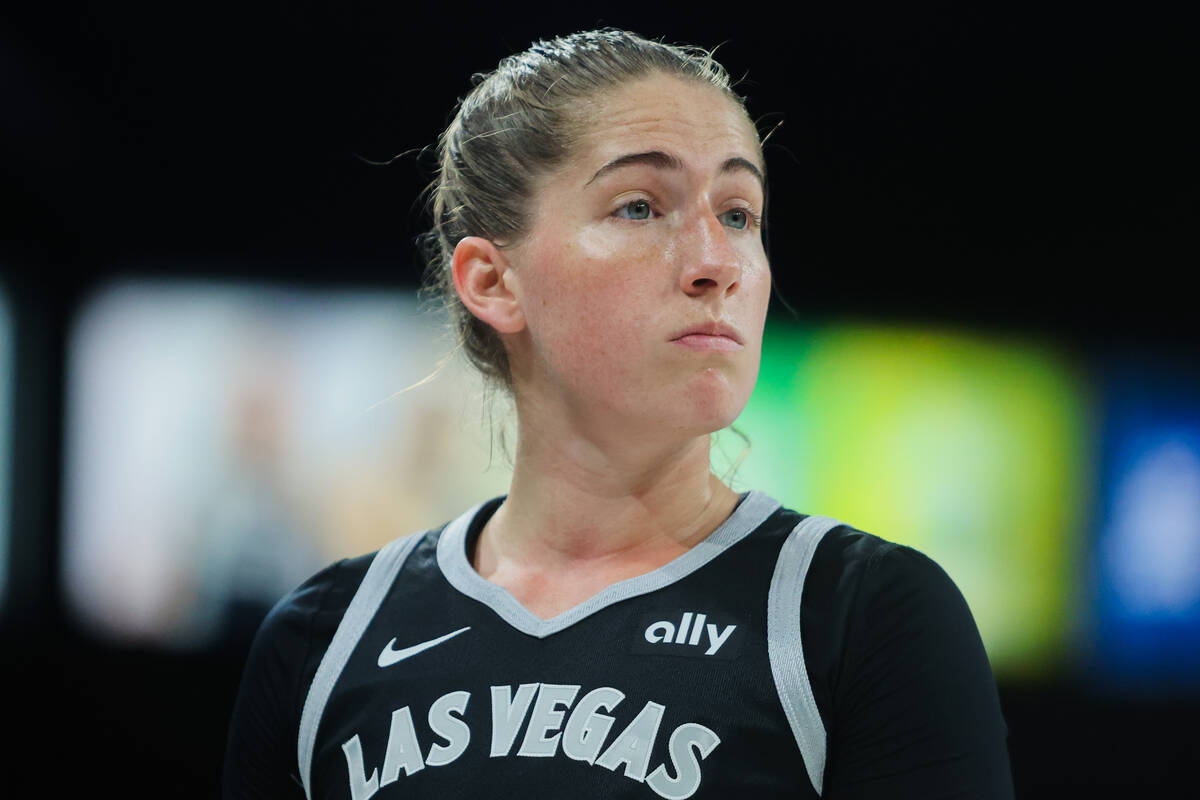 Aces guard Kate Martin (20) takes a moment during a WNBA basketball game between the Las Vegas ...