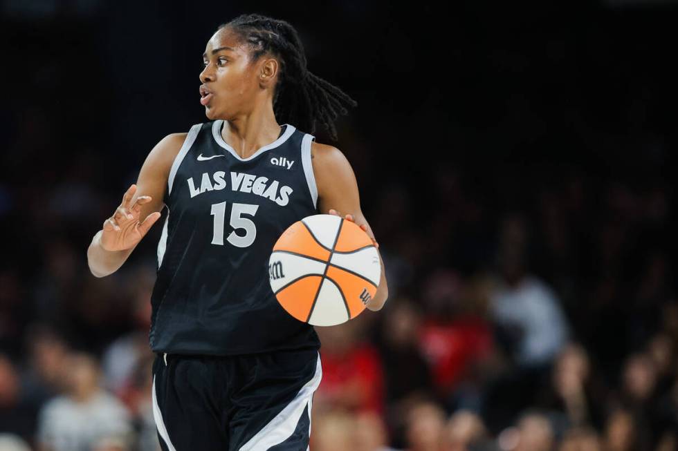 Aces guard Tiffany Hayes (15) dribbles the ball during a WNBA basketball game between the Las V ...