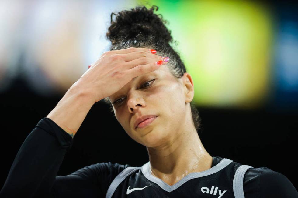 Aces forward Alysha Clark (7) takes a moment during a WNBA basketball game between the Las Vega ...