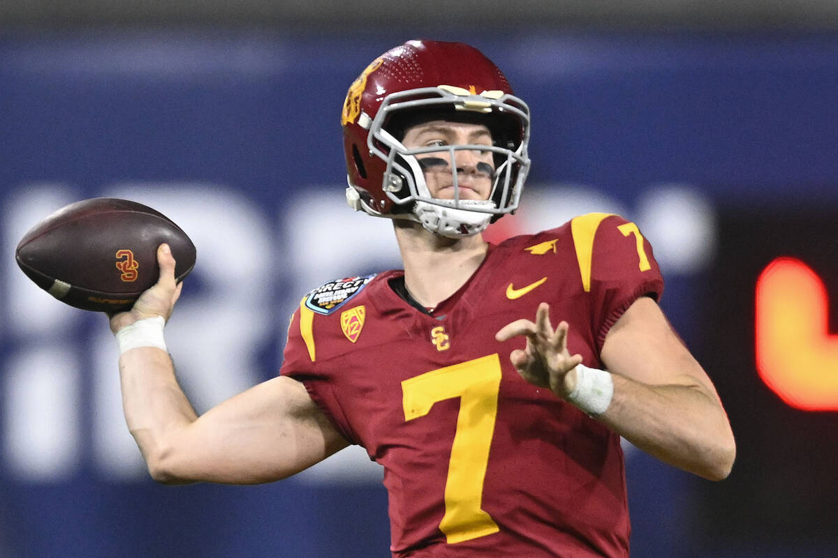 FILE - Southern California quarterback Miller Moss throws a pass during the second half of the ...