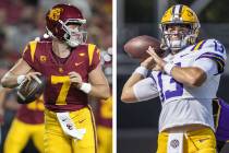 Southern California quarterback Miller Moss, left, and LSU quarterback Garrett Nussmeier lead t ...