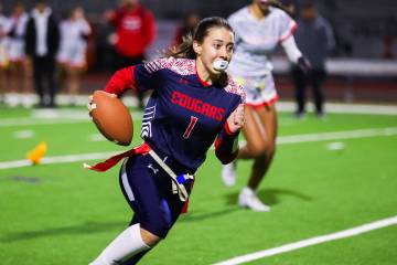 Coronado’s Maci Joncich (1) runs the ball down the field during a flag football game bet ...