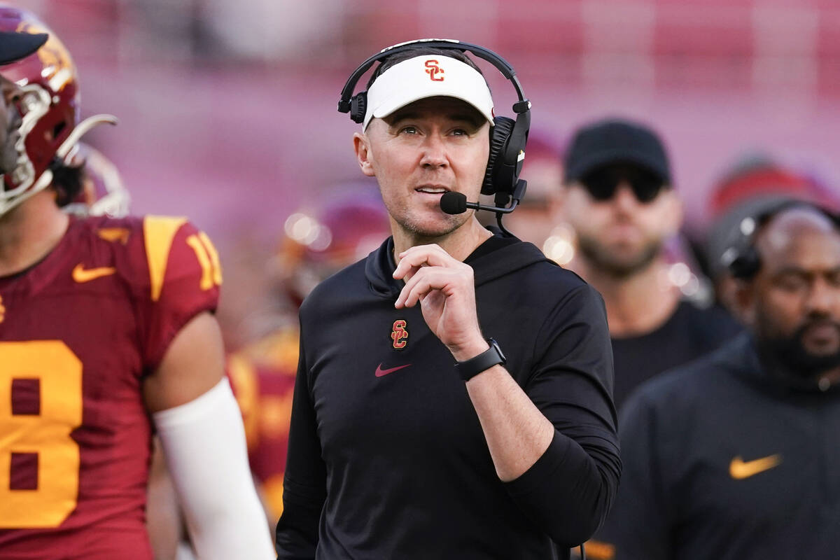 FILE - Southern California coach Lincoln Riley watches during the second half of the team's NCA ...