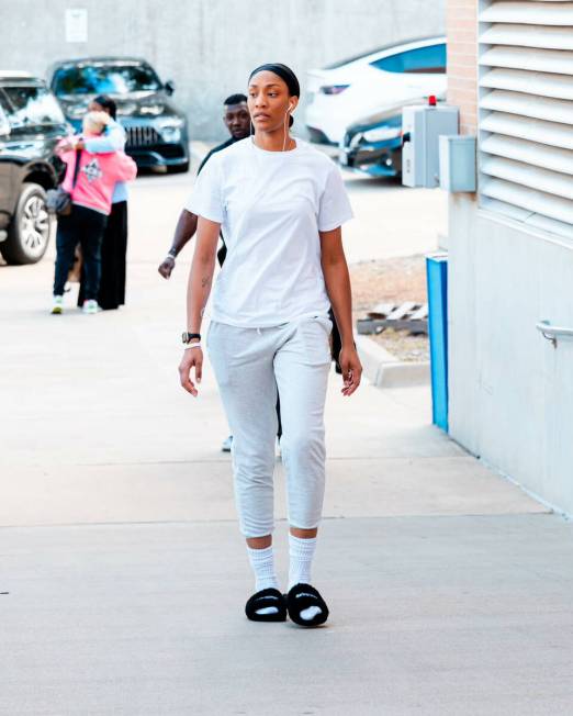 Aces forward A'ja Wilson has only been wearing white T-shirts into the arena lately instead of ...