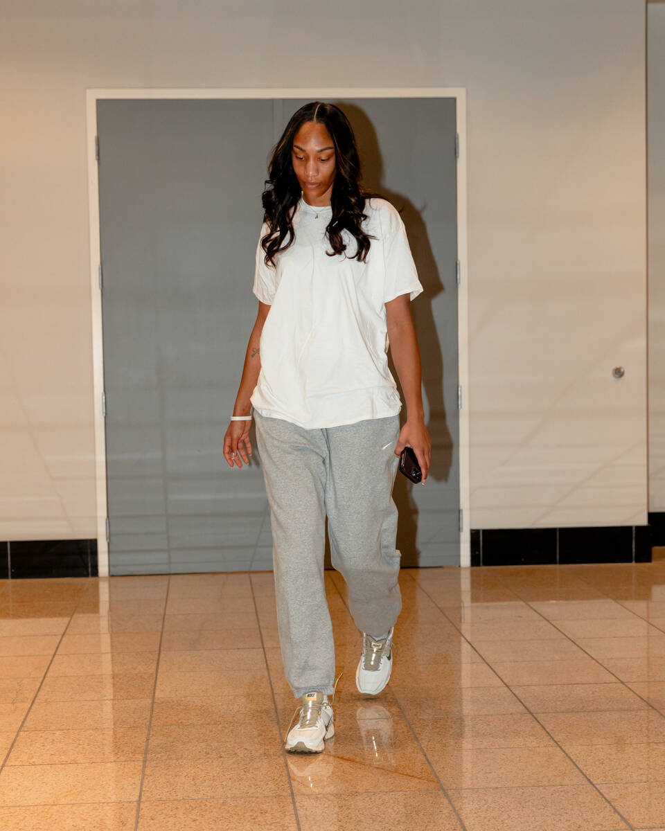 Aces forward A'ja Wilson has only been wearing white T-shirts into the arena lately instead of ...