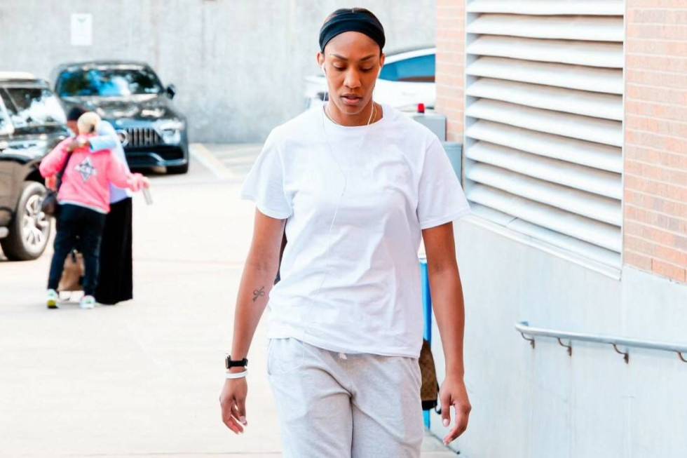 Aces forward A'ja Wilson has only been wearing white T-shirts into the arena lately instead of ...