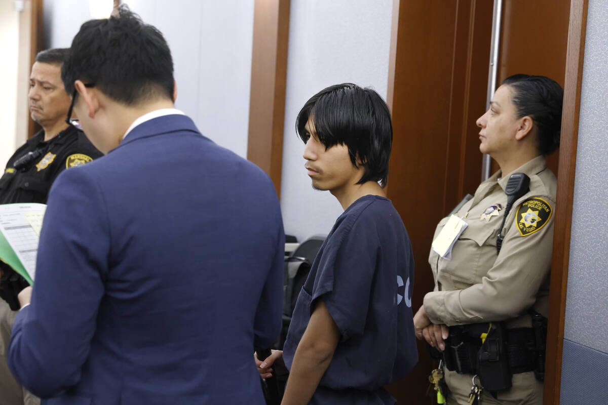 Joshua Robles, center, who is facing terrorism-related charges, appears in court during a heari ...