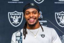 Raiders wide receiver Tyreik McAllister (32) laughs at a question during a media interview afte ...