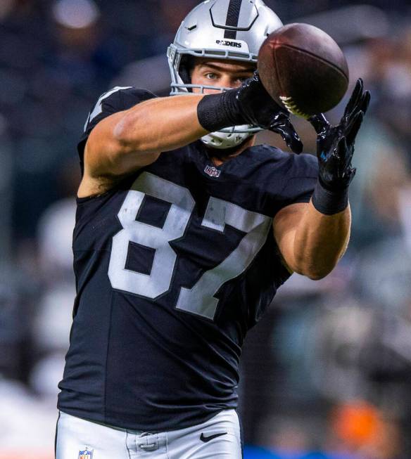 Raiders tight end Michael Mayer (87) catches a pass as they face the Dallas Cowboys for their N ...