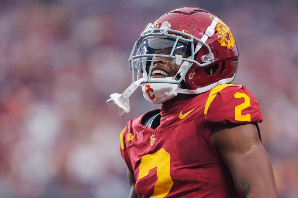 Southern California cornerback Jaylin Smith (2) celebrates during the Vegas Kickoff Classic NCA ...