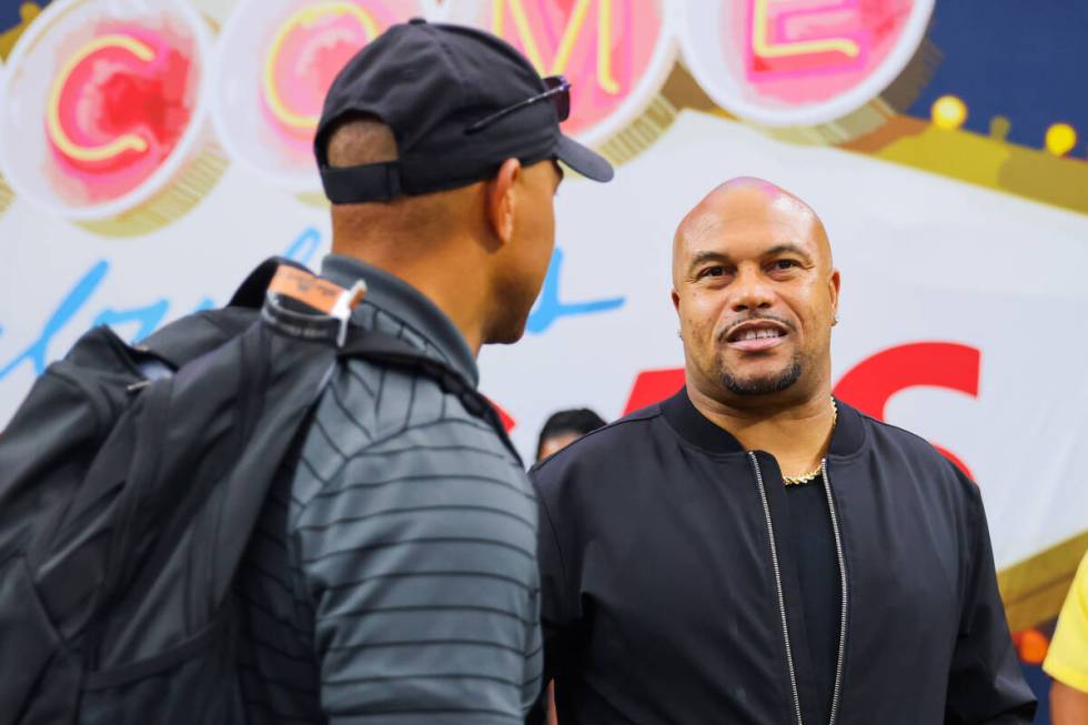 Raiders head coach Antonio Pierce stands on the sidelines during the Vegas Kickoff Classic NCAA ...