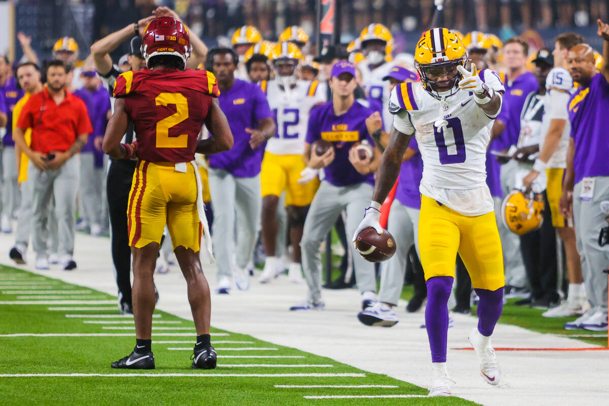 LSU wide receiver Zavion Thomas (0) points to the end zone during the Vegas Kickoff Classic NCA ...