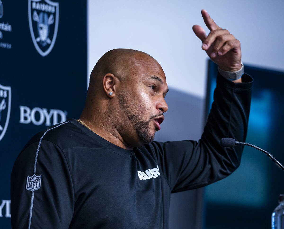 Raiders head coach Antonio Pierce speaks at the Intermountain Health Performance Center on Wedn ...