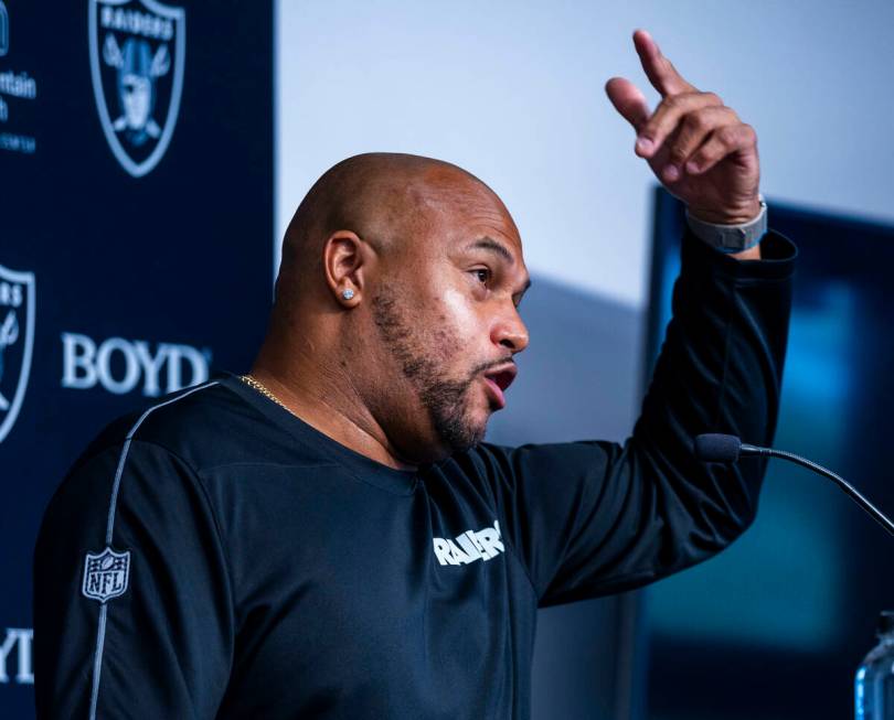 Raiders head coach Antonio Pierce speaks at the Intermountain Health Performance Center on Wedn ...