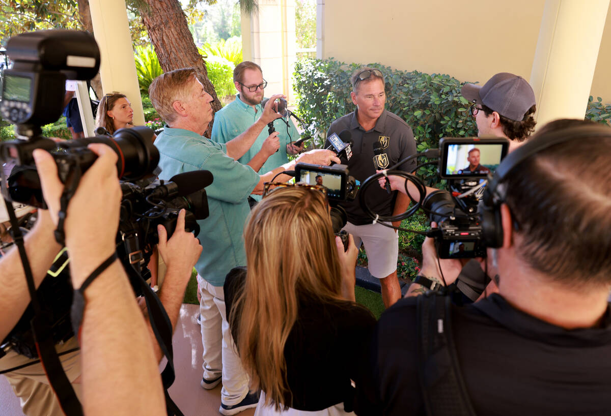 Vegas Golden Knights coach Bruce Cassidy speaks to the news media during the 2024 VGK Golf Clas ...