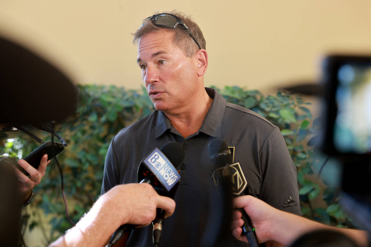 Vegas Golden Knights coach Bruce Cassidy speaks to the news media during the 2024 VGK Golf Clas ...