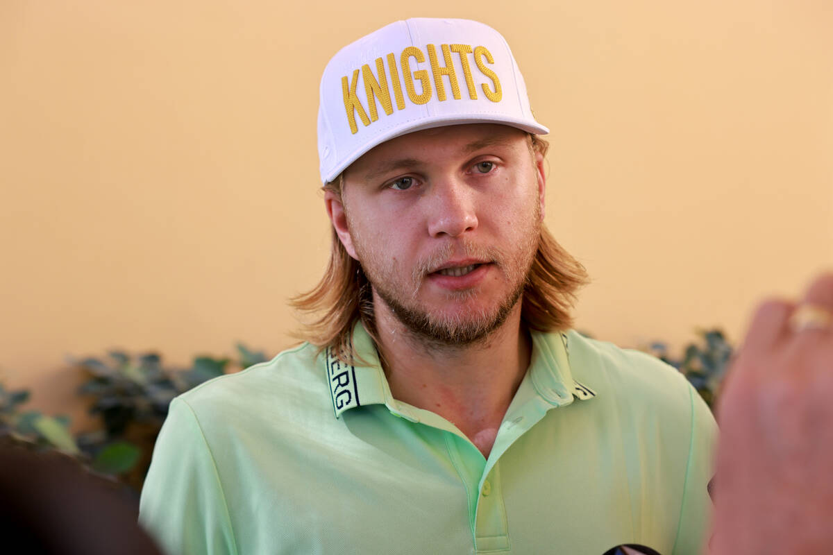 Vegas Golden Knights center William Karlsson talks to the news media during the 2024 VGK Golf C ...