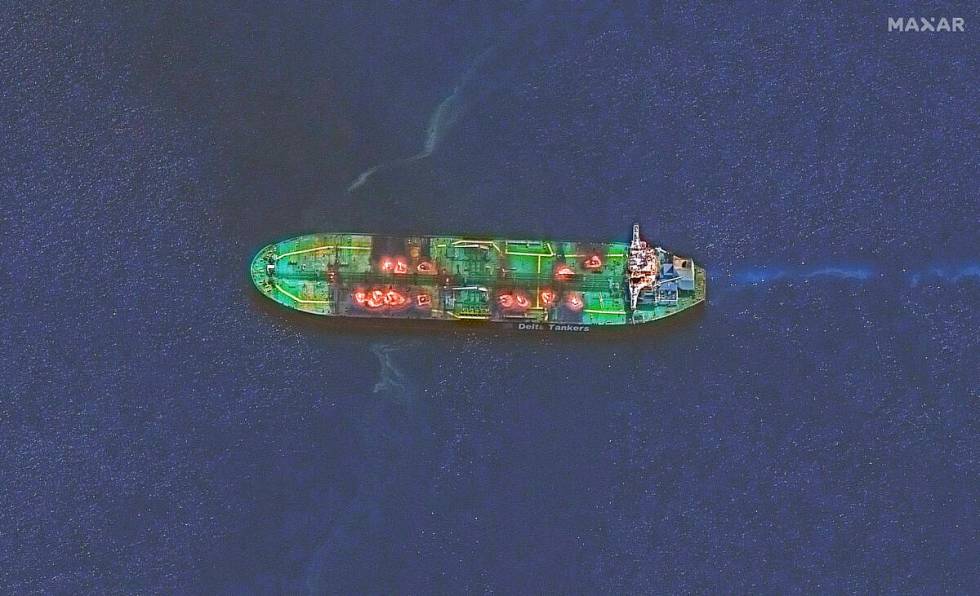 This image released by Maxar Technologies shows an overview of the Sounion oil tanker that was ...